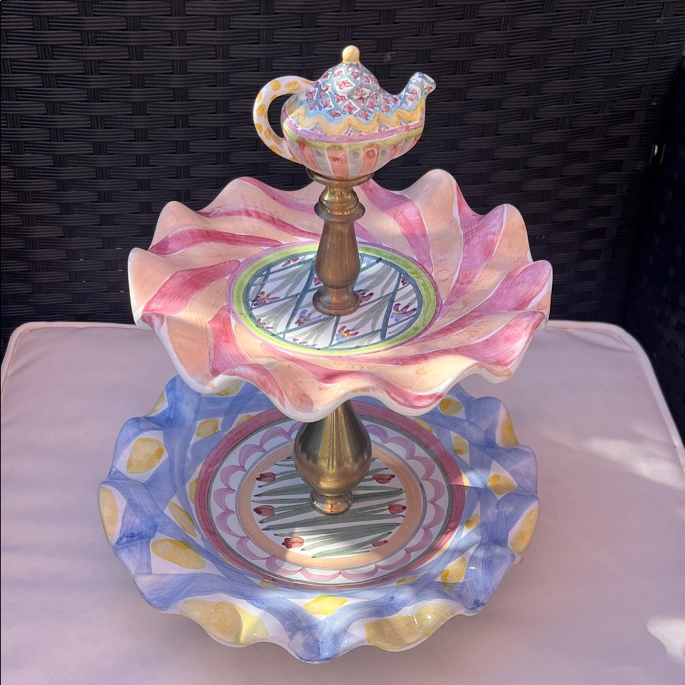 Mackenzie Childs Colorful Two-Tiered Serving Tray with Teapot Topper